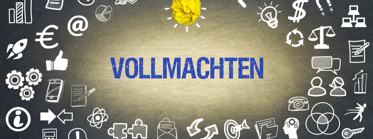 Vollmachten als Schrift mit Icons drumherum.