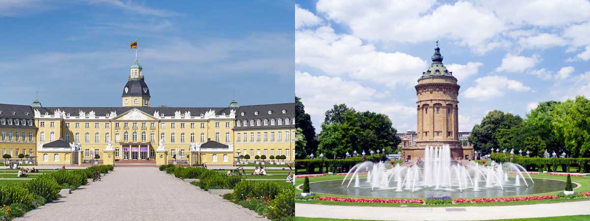 Das Schloss Karlsruhe und der Mannheimer Wasserturm als Collage. Die zwei Standorte der Kanzlei von Dr. Marcus Hosser.